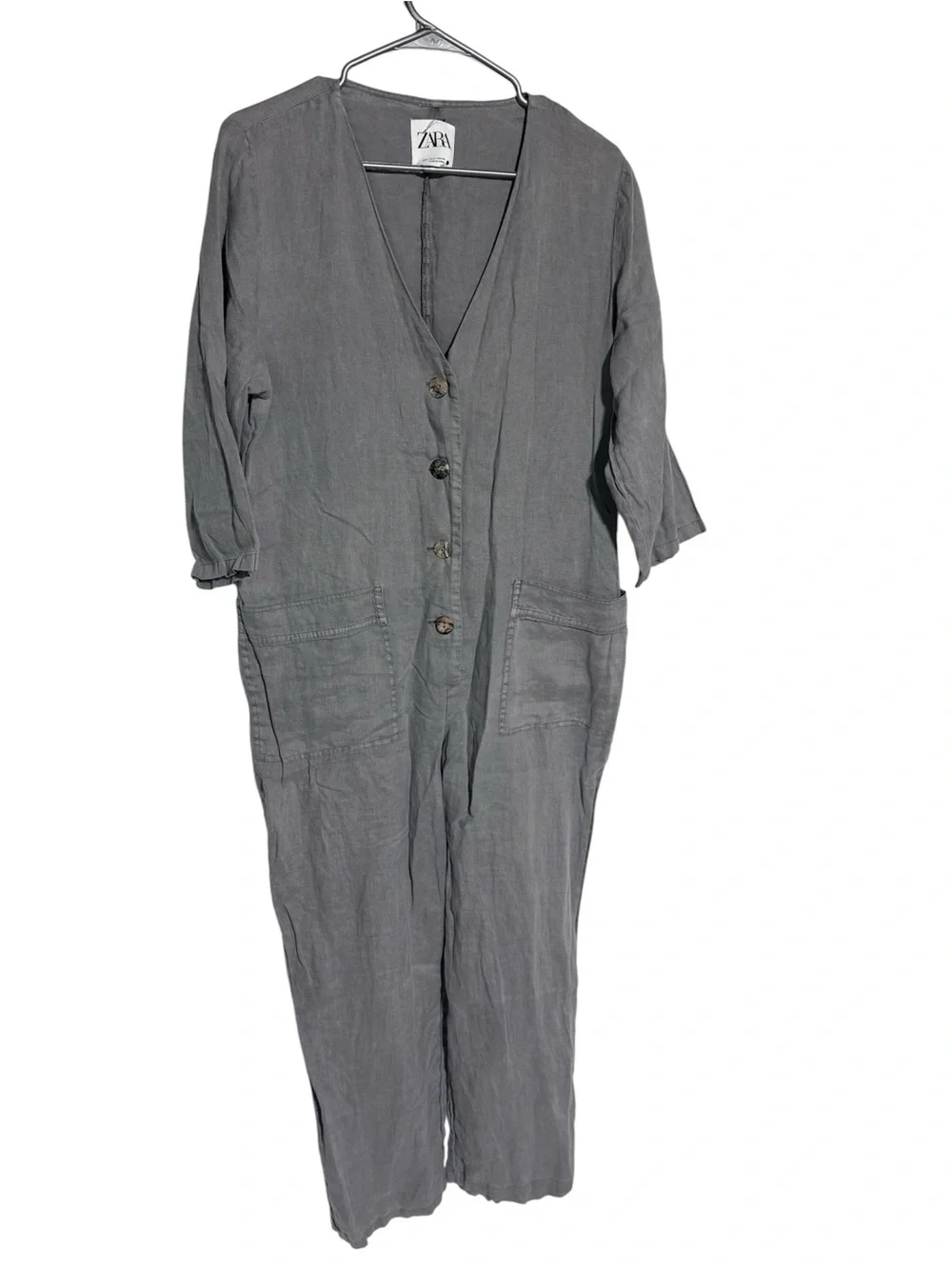 Zara Gray Button Front V-Neck Linen Jumpsuit